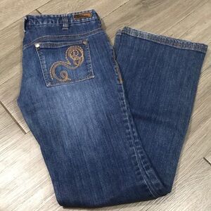 Oakley Industrial Denim Medium Wash Embroidered Pocket Retro Bootcut Jeans